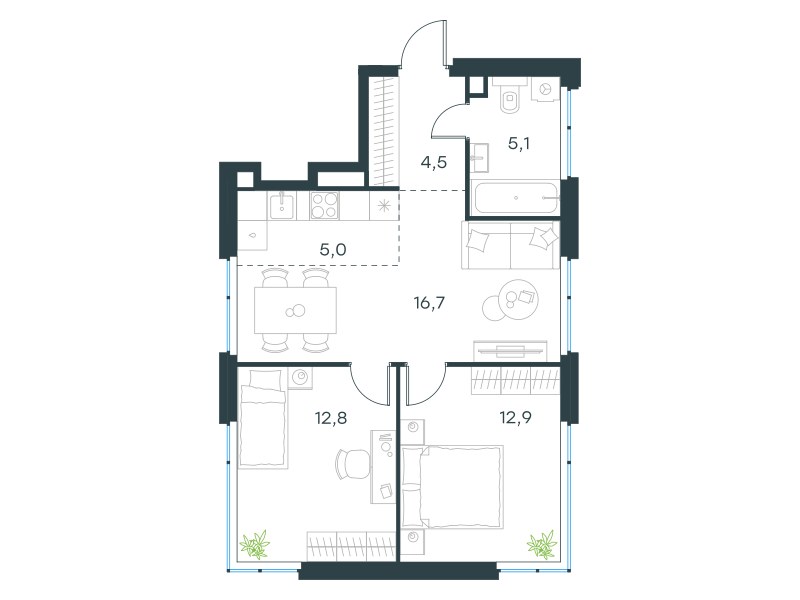 Планировка 57.0 м²