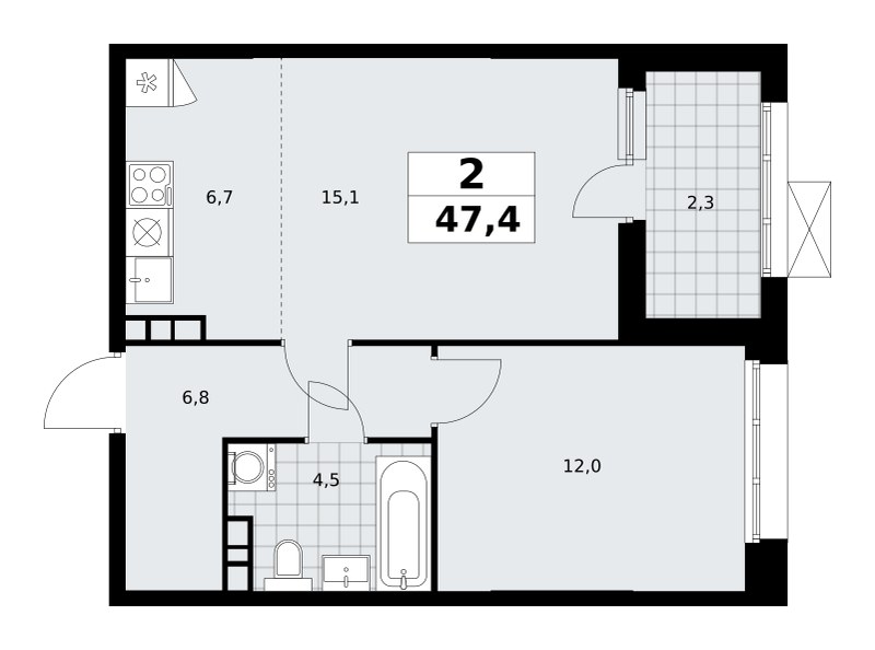 Планировка: 2-комнатная, 47.1 м²