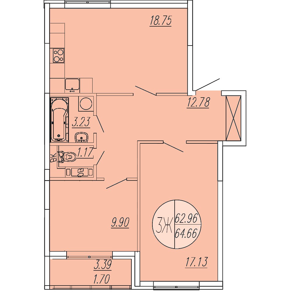 Планировка: 3-комнатная, 64.66 м²
