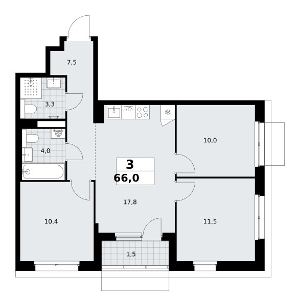 Планировка: 3-комнатная, 66.0 м²