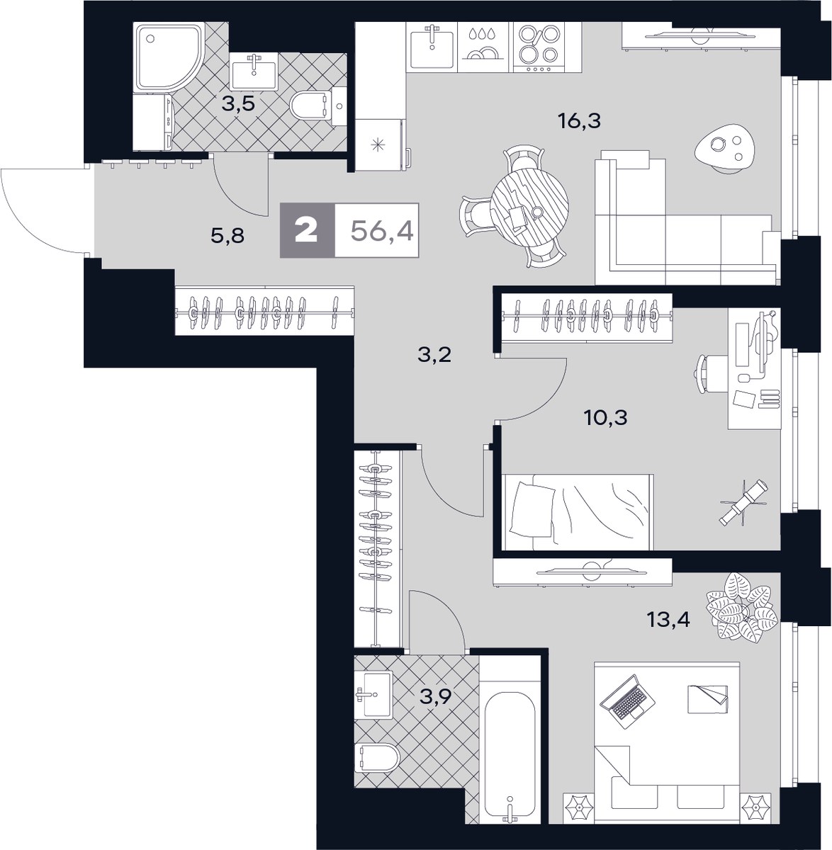 Планировка 56.4 м²