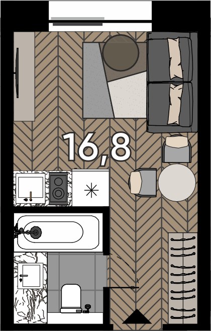 Планировка: Студия, 16.8 м²