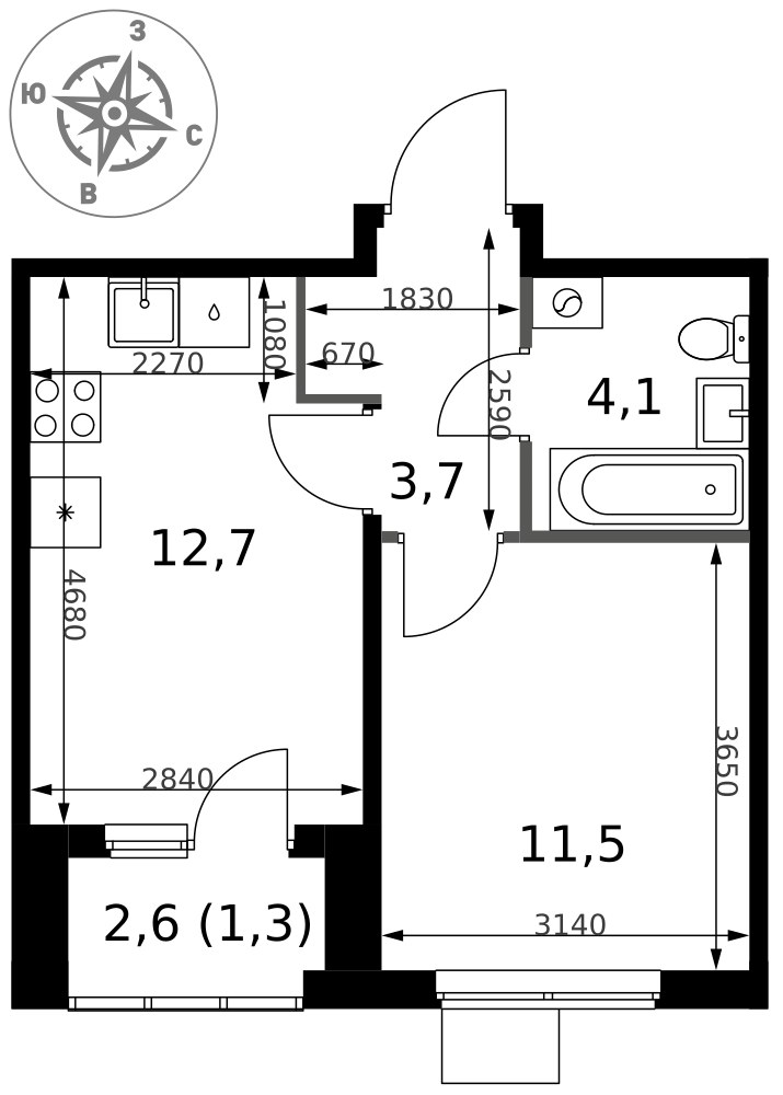 Планировка 33.3 м²
