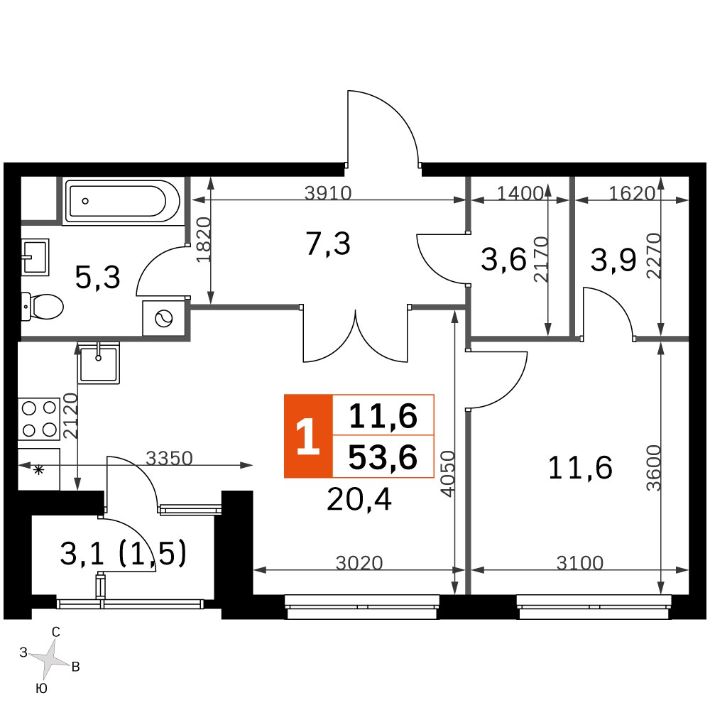 Планировка 51.6 м²