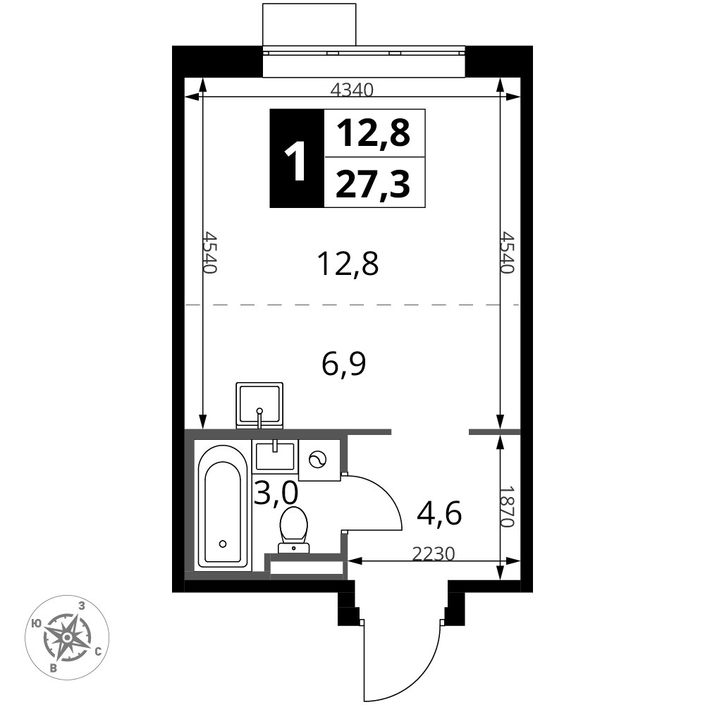 Планировка: Студия, 27.3 м²