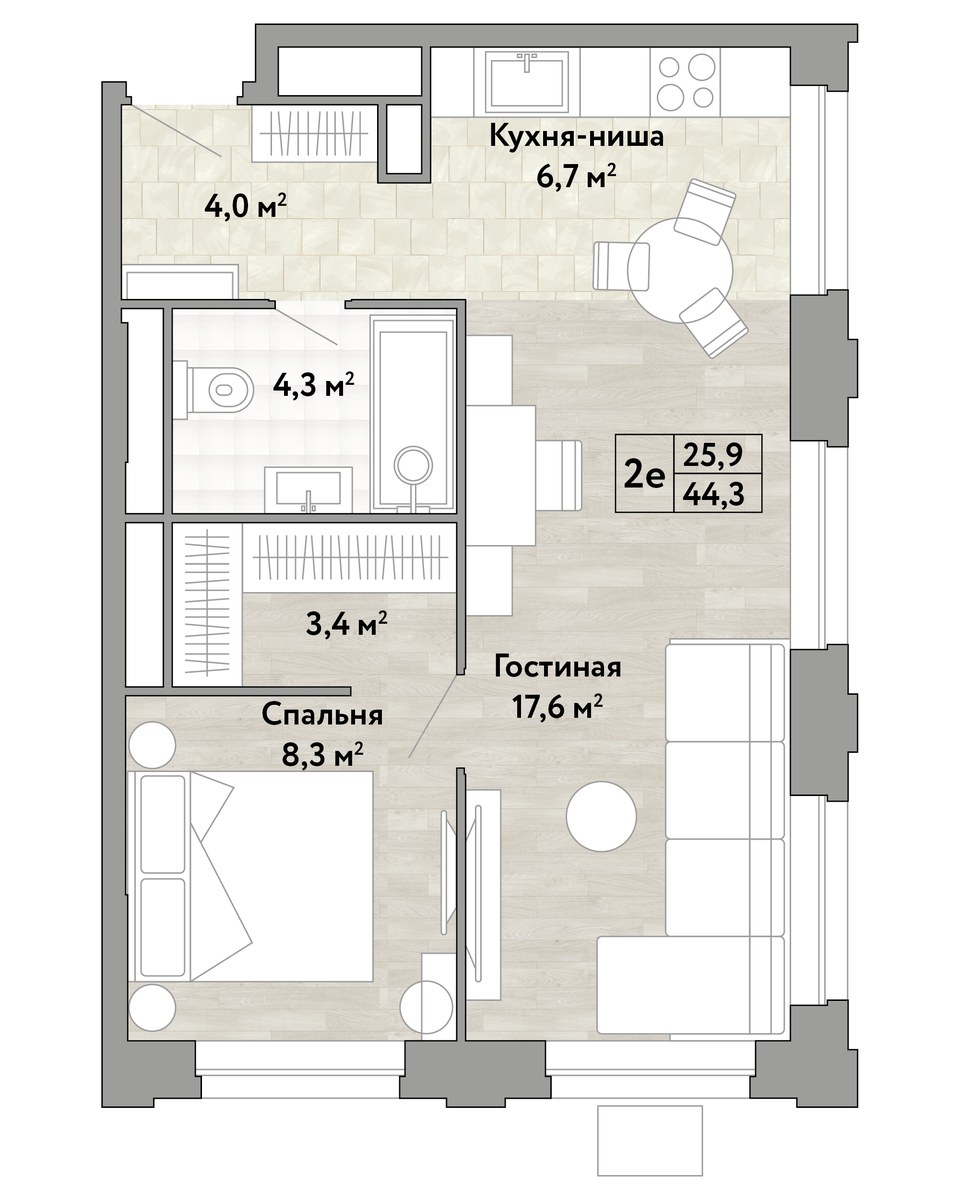 Планировка 44.3 м²