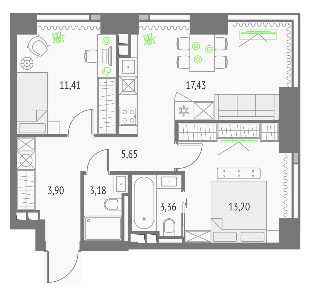 Планировка 58.13 м²