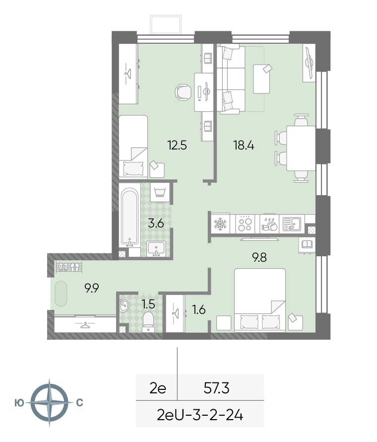 Планировка 57.3 м²