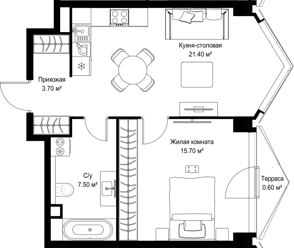 Планировка: 1-комнатная, 48.9 м²