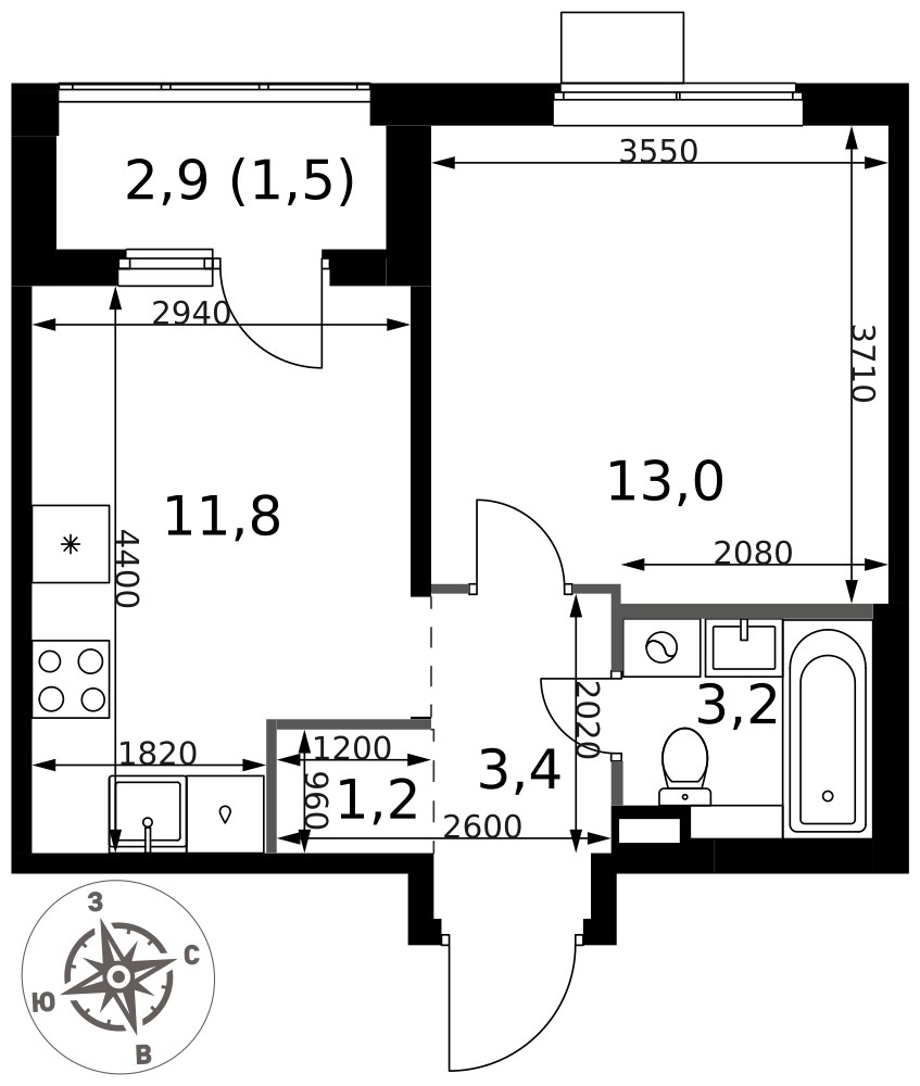 Планировка 34.1 м²