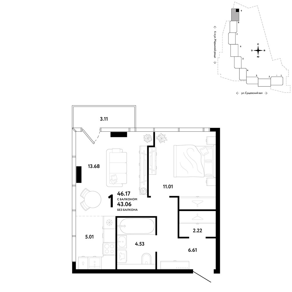 Планировка 46.17 м²