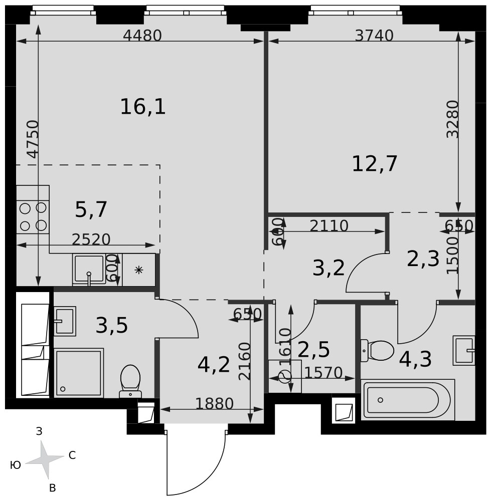 Планировка 54.5 м²