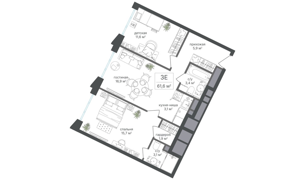 Планировка 61.6 м²