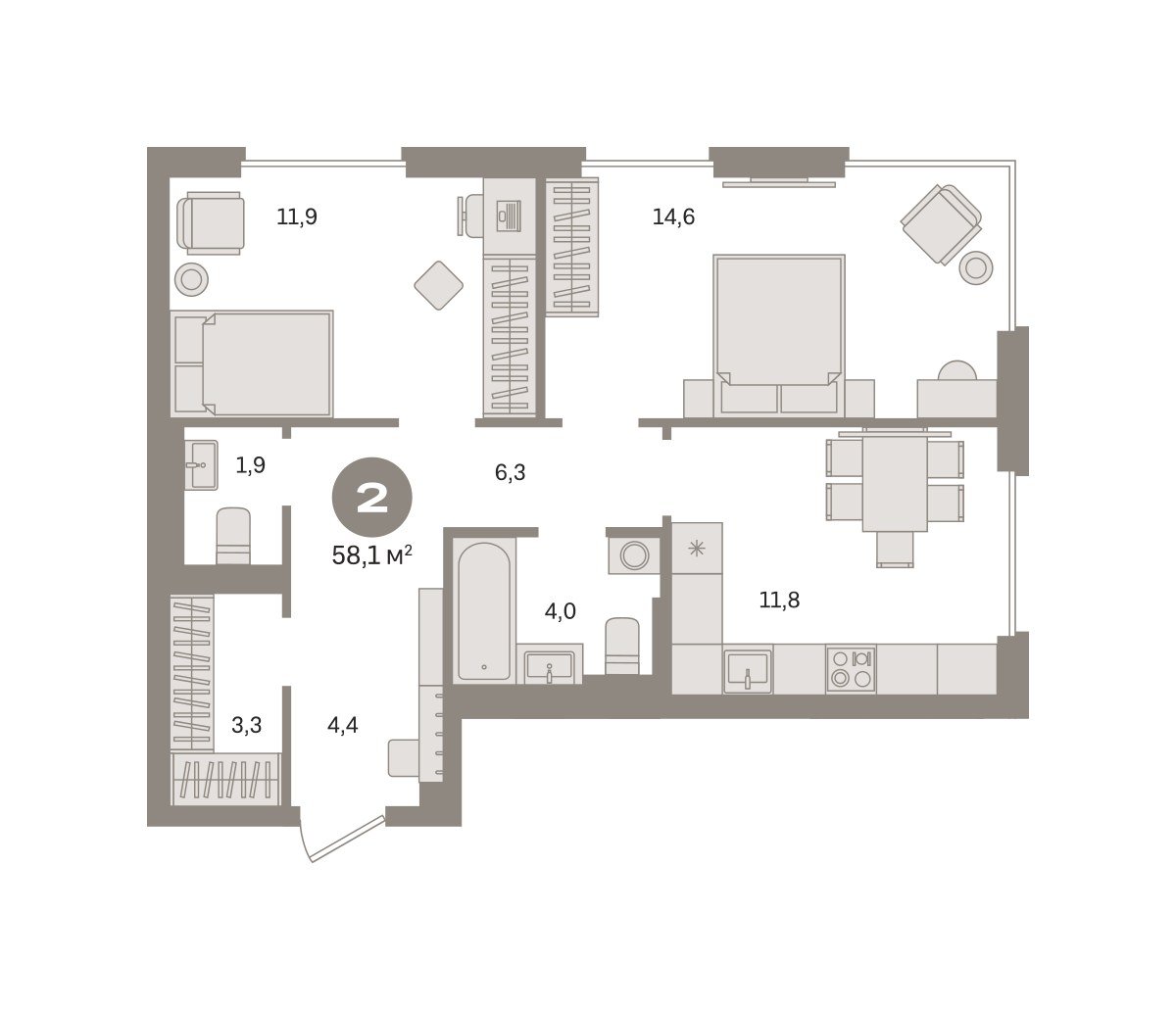 Планировка 58.14 м²