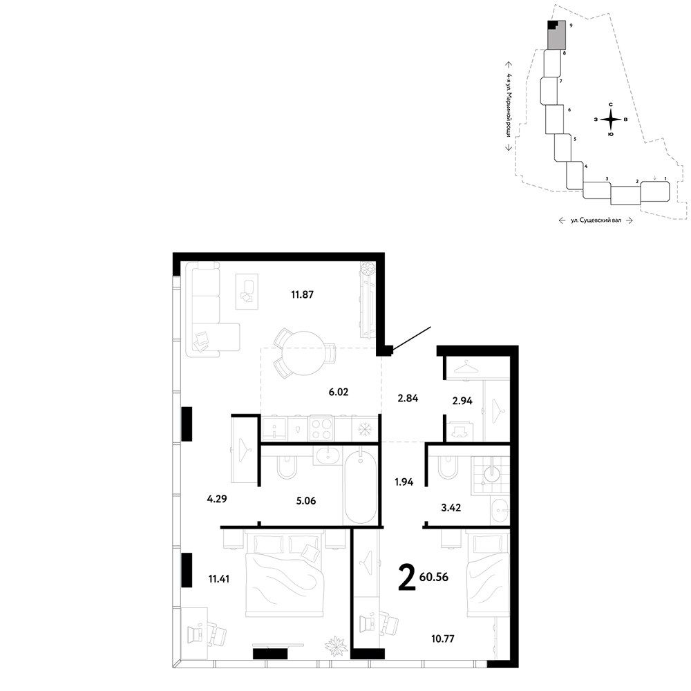 Планировка 60.56 м²