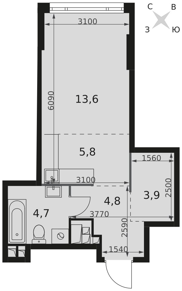 Планировка: Студия, 32.8 м²