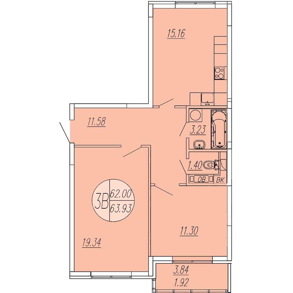 Планировка: 3-комнатная, 63.93 м²