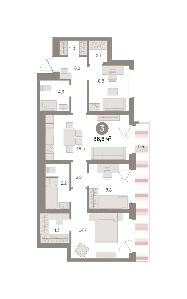 Планировка 86.6 м²