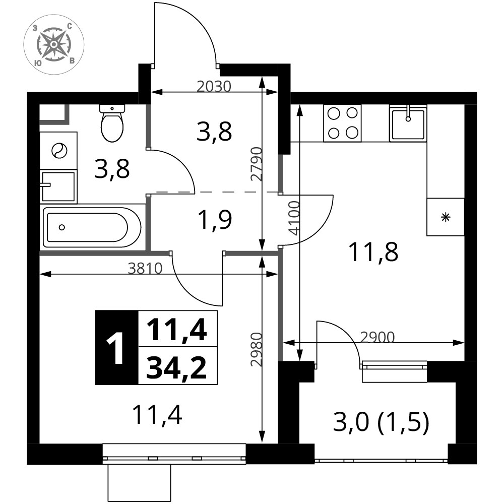 Планировка 34.2 м²