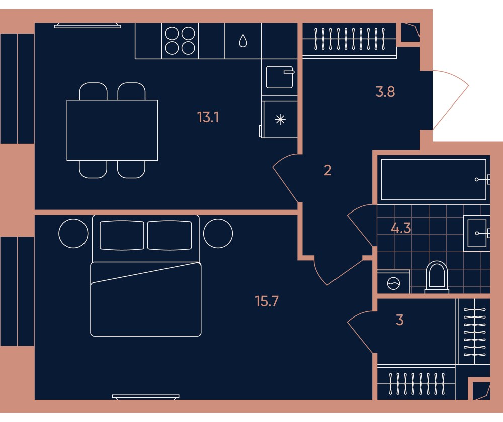 Планировка: 1-комнатная, 42.0 м²