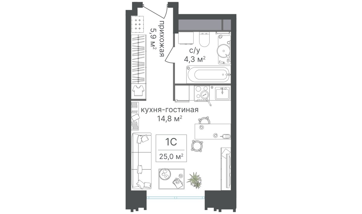 Планировка: Студия, 25.0 м²
