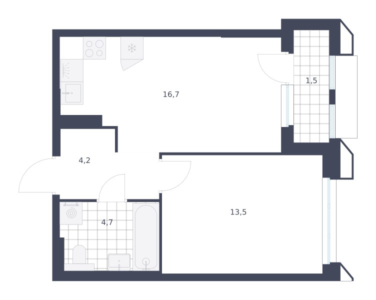 Планировка: 1-комнатная, 40.6 м²