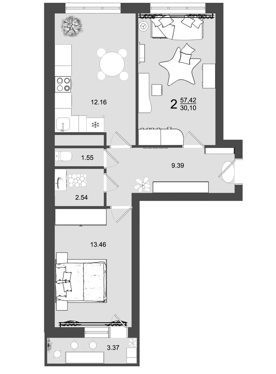Планировка: 2-комнатная, 57.42 м²