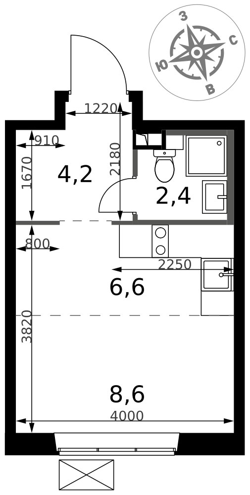 Планировка: Студия, 21.8 м²
