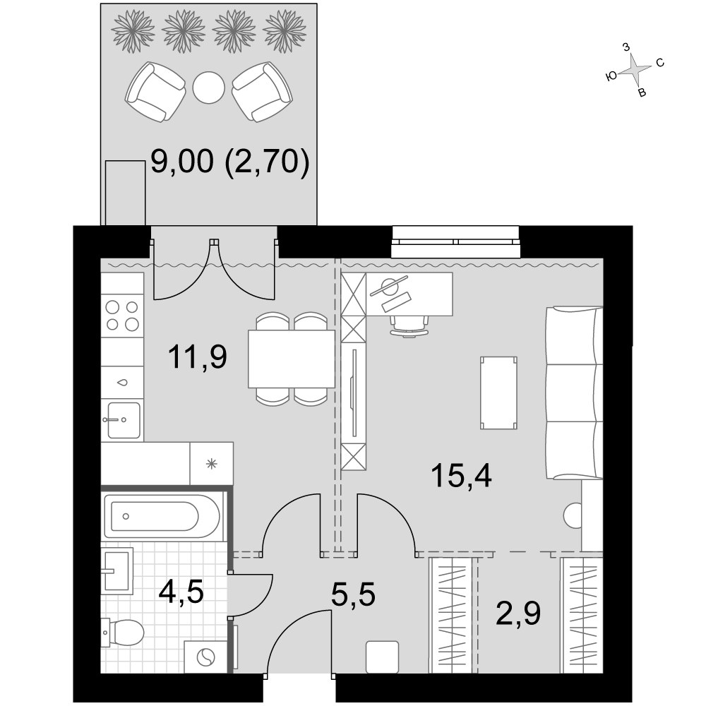 Планировка 42.9 м²
