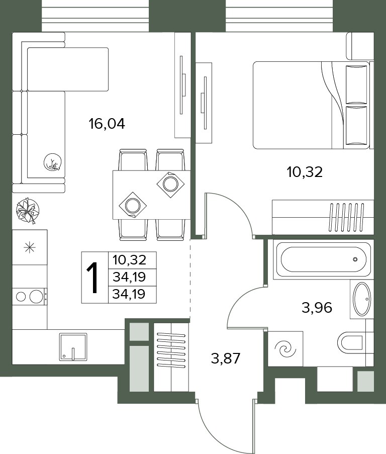 Планировка: 1-комнатная, 34.19 м²