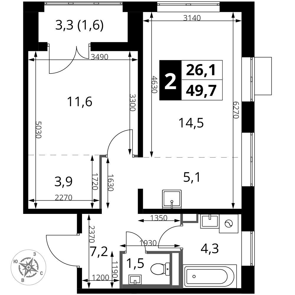 Планировка 49.7 м²