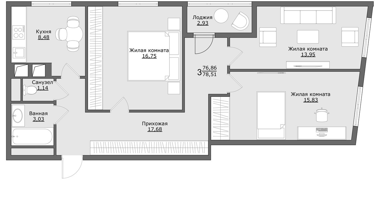 Планировка: 3-комнатная, 81.3 м²