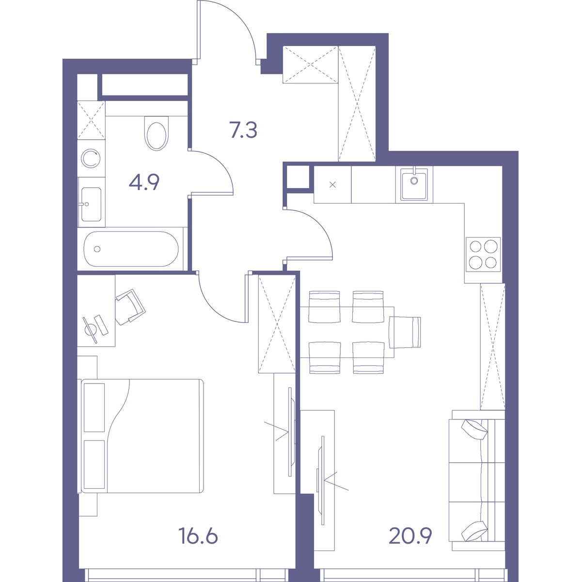 Планировка: 1-комнатная, 49.7 м²
