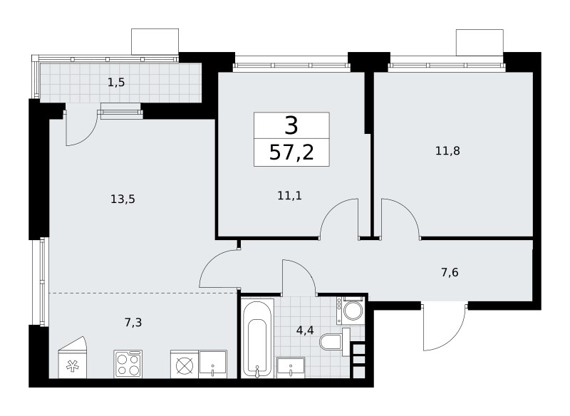 Планировка: 3-комнатная, 57.2 м²