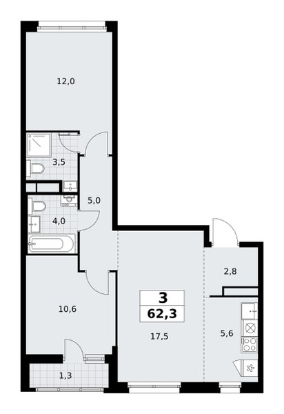 Планировка: 3-комнатная, 62.3 м²