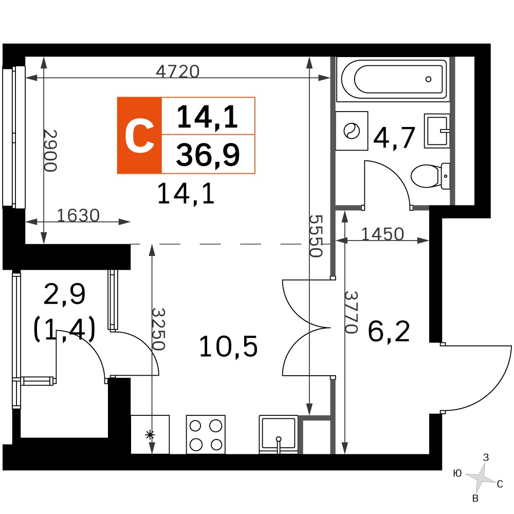 Планировка 34.7 м²