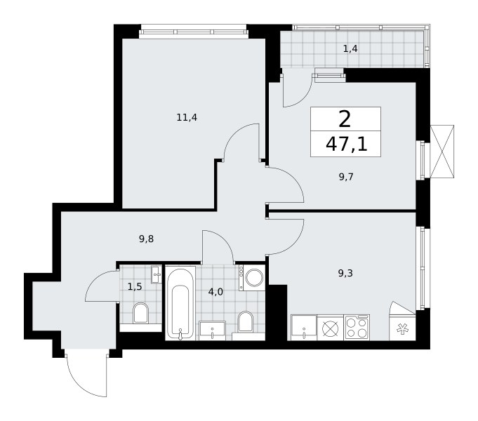 Планировка: 2-комнатная, 47.1 м²