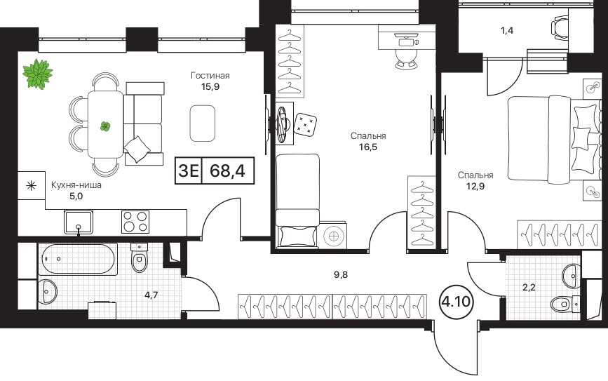 Планировка 68.4 м²
