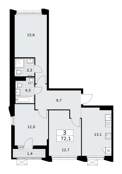 Планировка: 3-комнатная, 72.1 м²