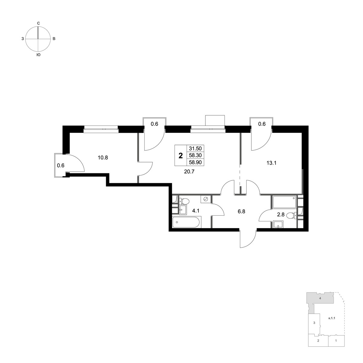 Планировка 58.9 м²