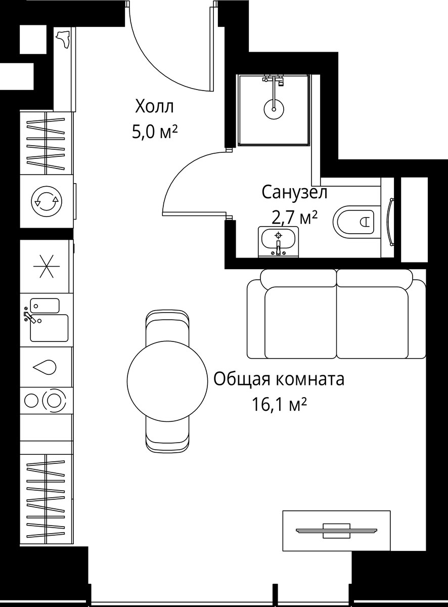 Планировка: 1-комнатная, 23.8 м²