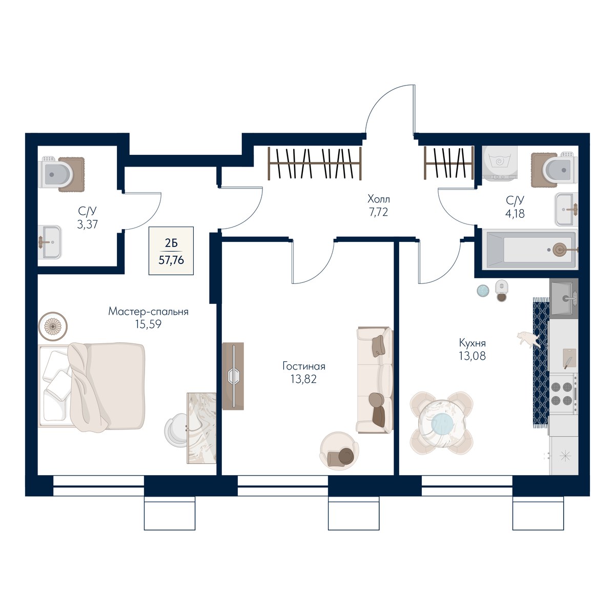 Планировка 57.76 м²