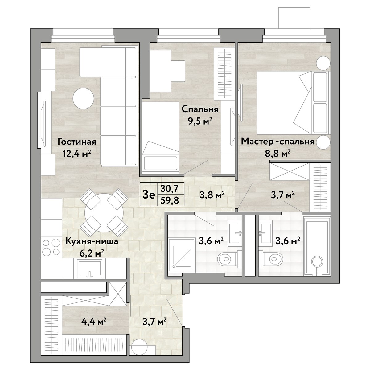 Планировка 59.8 м²