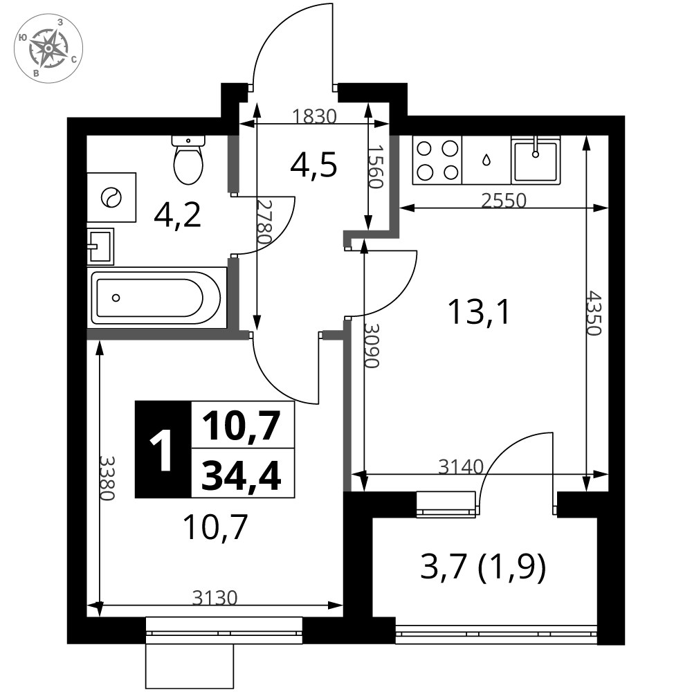 Планировка 34.4 м²