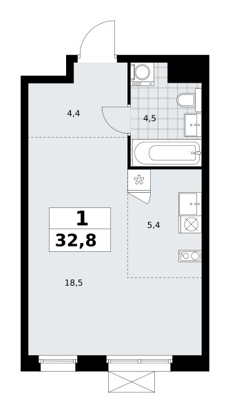 Планировка: 1-комнатная, 32.8 м²