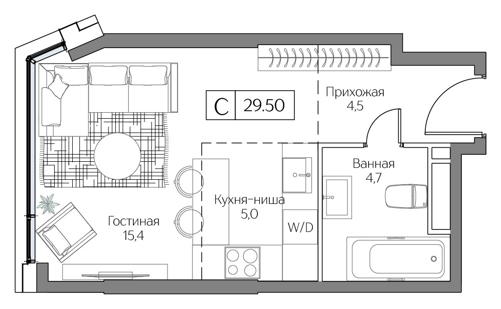 Планировка: 1-комнатная, 29.5 м²