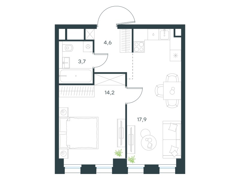 Планировка: 1-комнатная, 40.4 м²