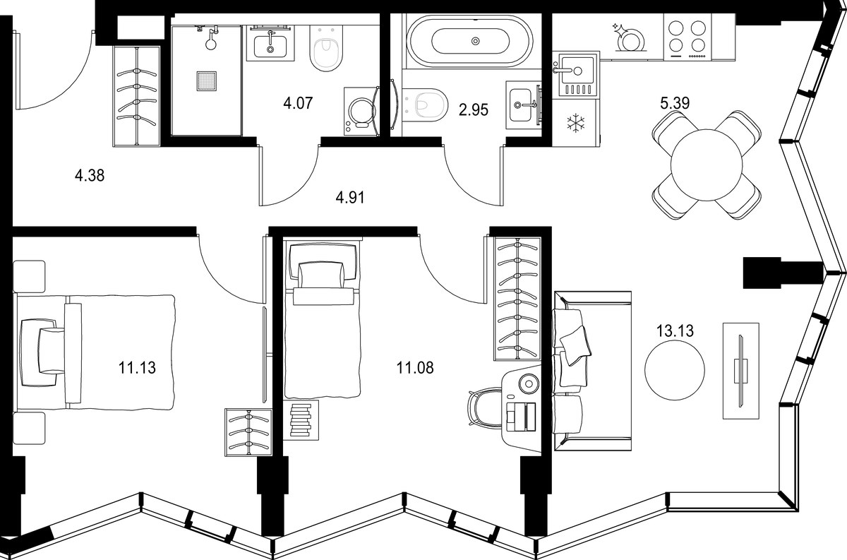 Планировка 57.04 м²