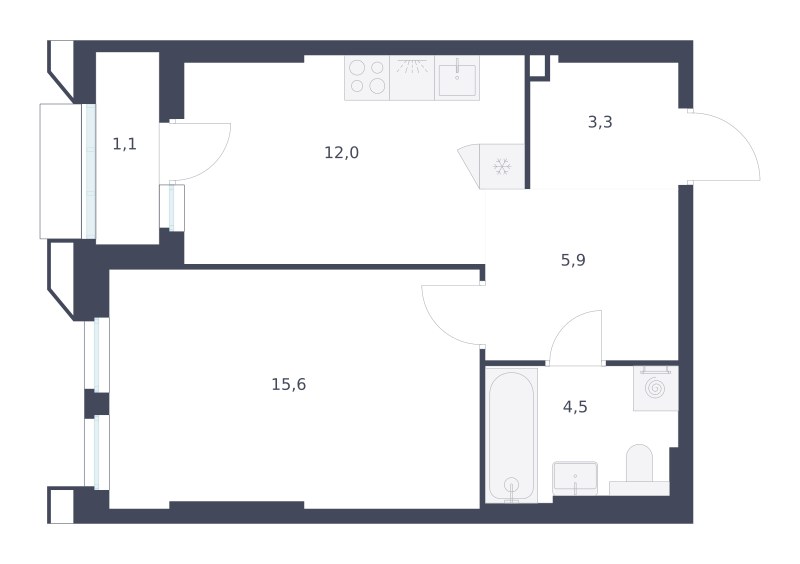 Планировка: 1-комнатная, 42.4 м²