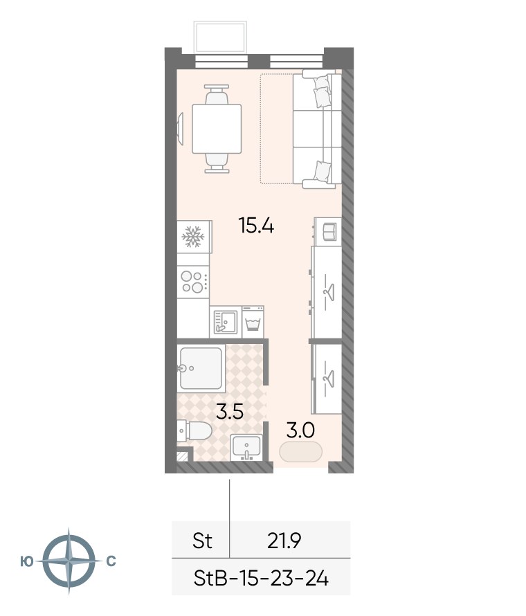 Планировка: Студия, 21.9 м²